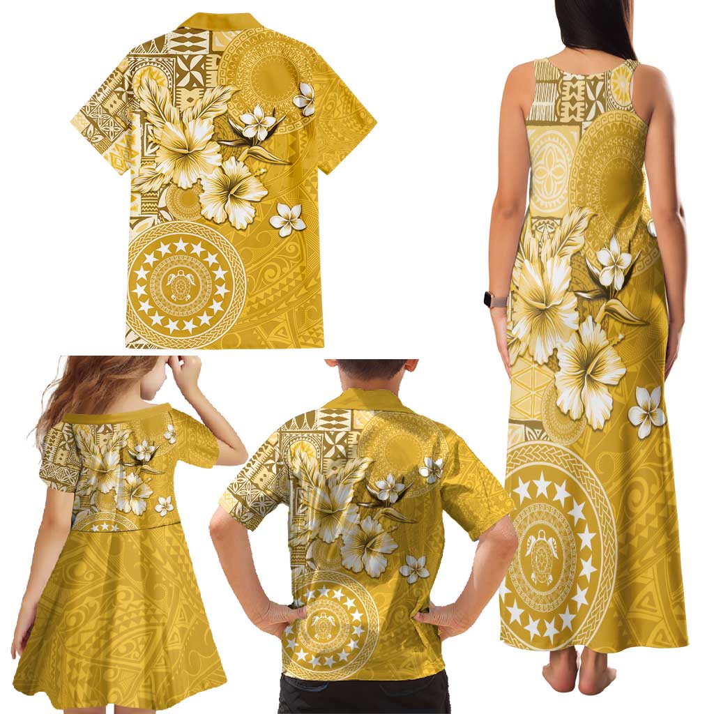 Cook Islands Family Matching Tank Maxi Dress and Hawaiian Shirt Yellow Hibiscus And Stars LT05 - Polynesian Pride