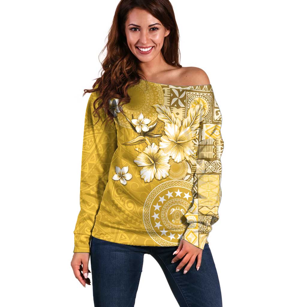 Cook Islands Off Shoulder Sweater Yellow Hibiscus And Stars
