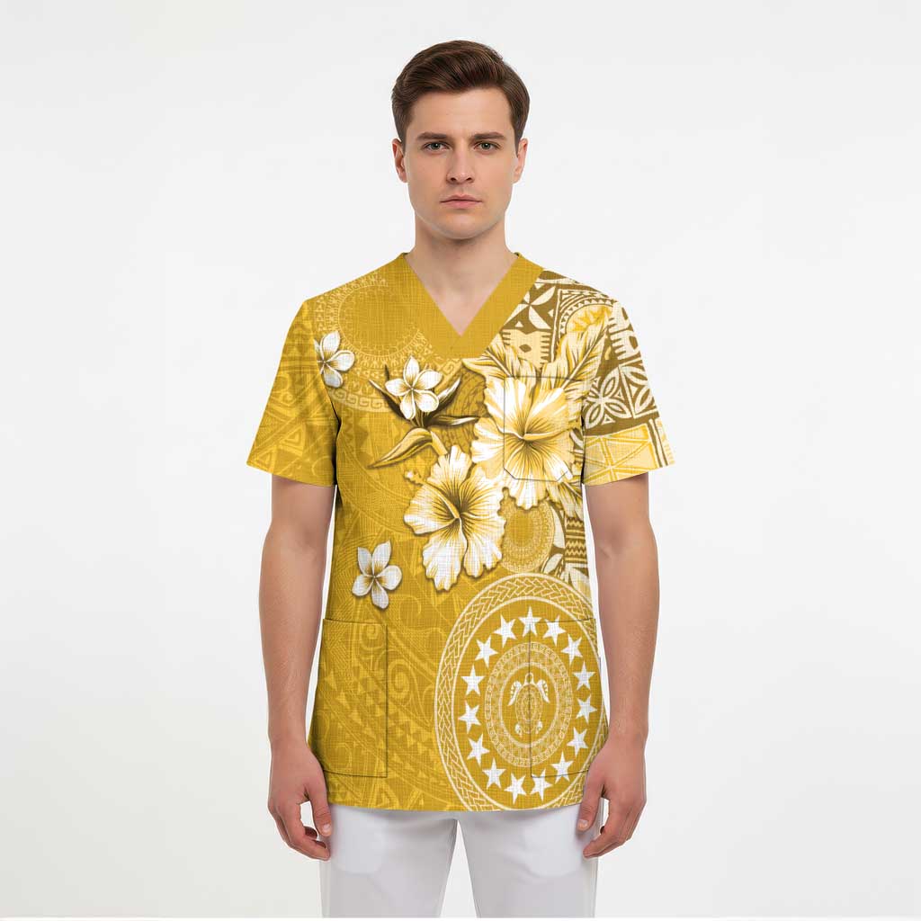 Cook Islands Scrub Top Yellow Hibiscus And Stars - Polynesian Pride