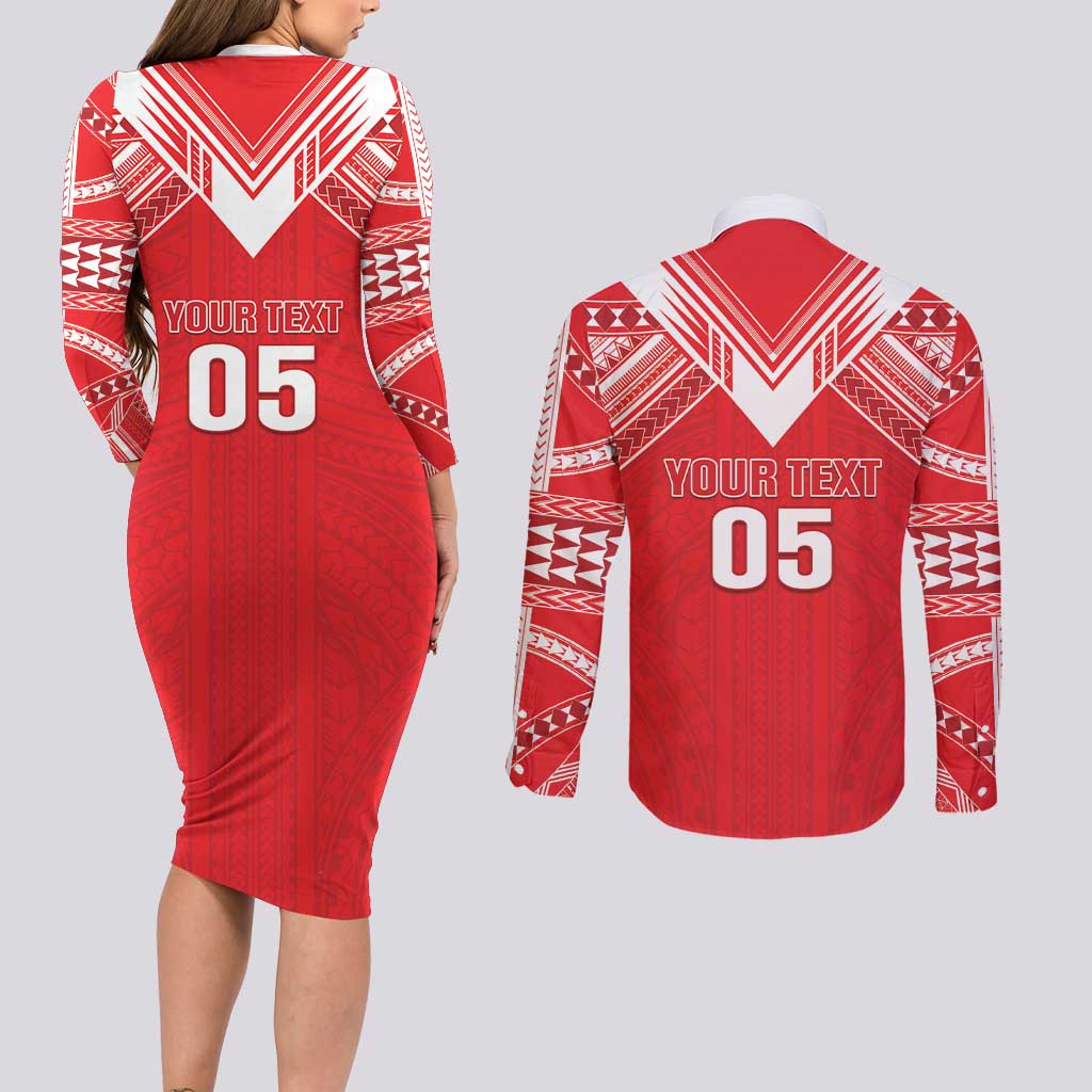 Custom Tahiti Football Couples Matching Long Sleeve Bodycon Dress and Long Sleeve Button Shirt Coat Of Arms Polynesian Tribal Pattern LT05 - Polynesian Pride