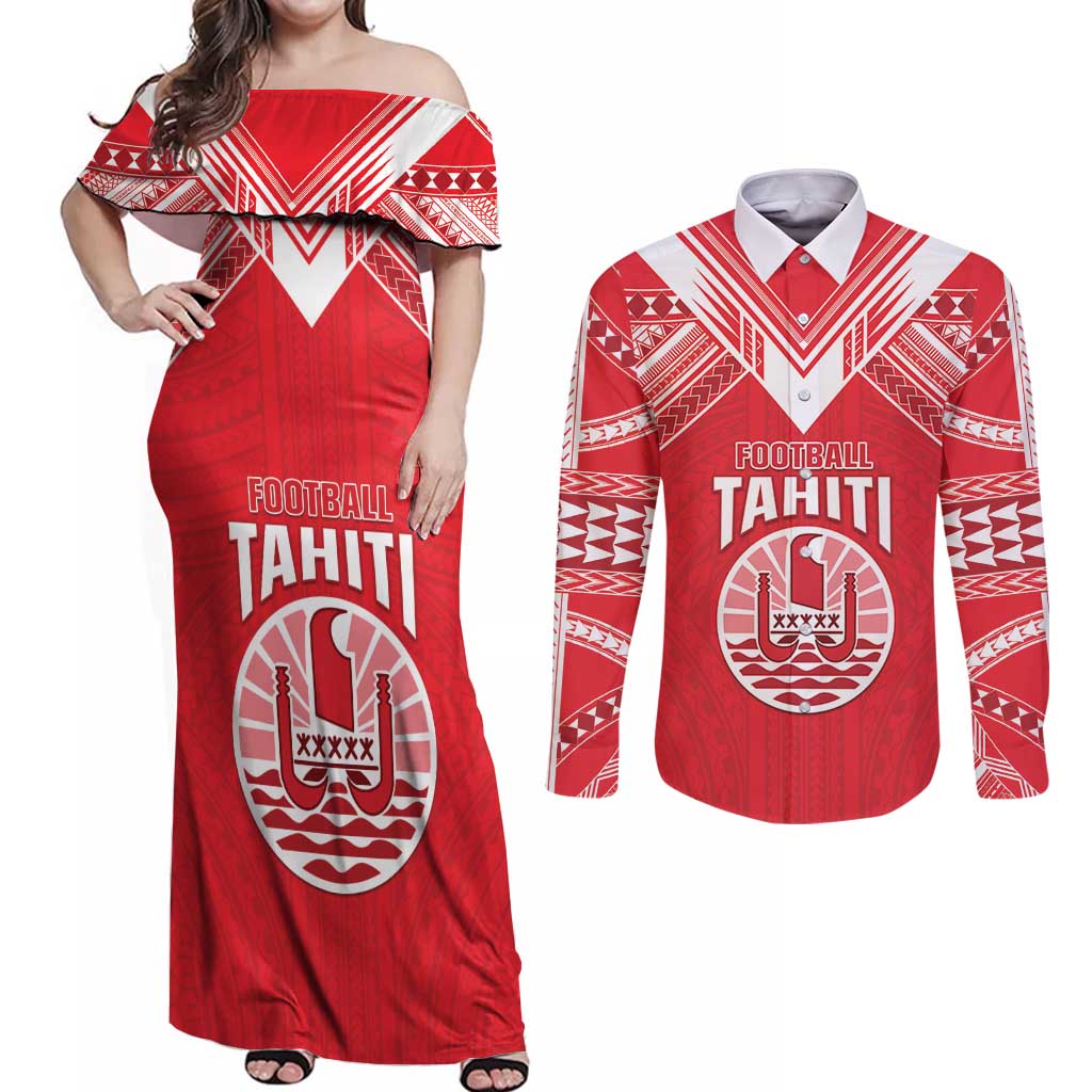 Custom Tahiti Football Couples Matching Off Shoulder Maxi Dress and Long Sleeve Button Shirt Coat Of Arms Polynesian Tribal Pattern LT05 Red - Polynesian Pride