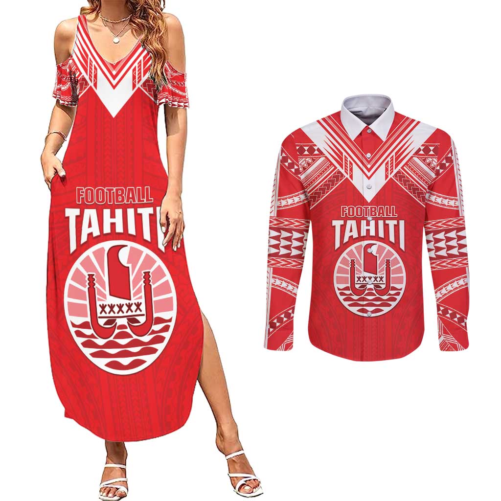 Custom Tahiti Football Couples Matching Summer Maxi Dress and Long Sleeve Button Shirt Coat Of Arms Polynesian Tribal Pattern LT05 Red - Polynesian Pride