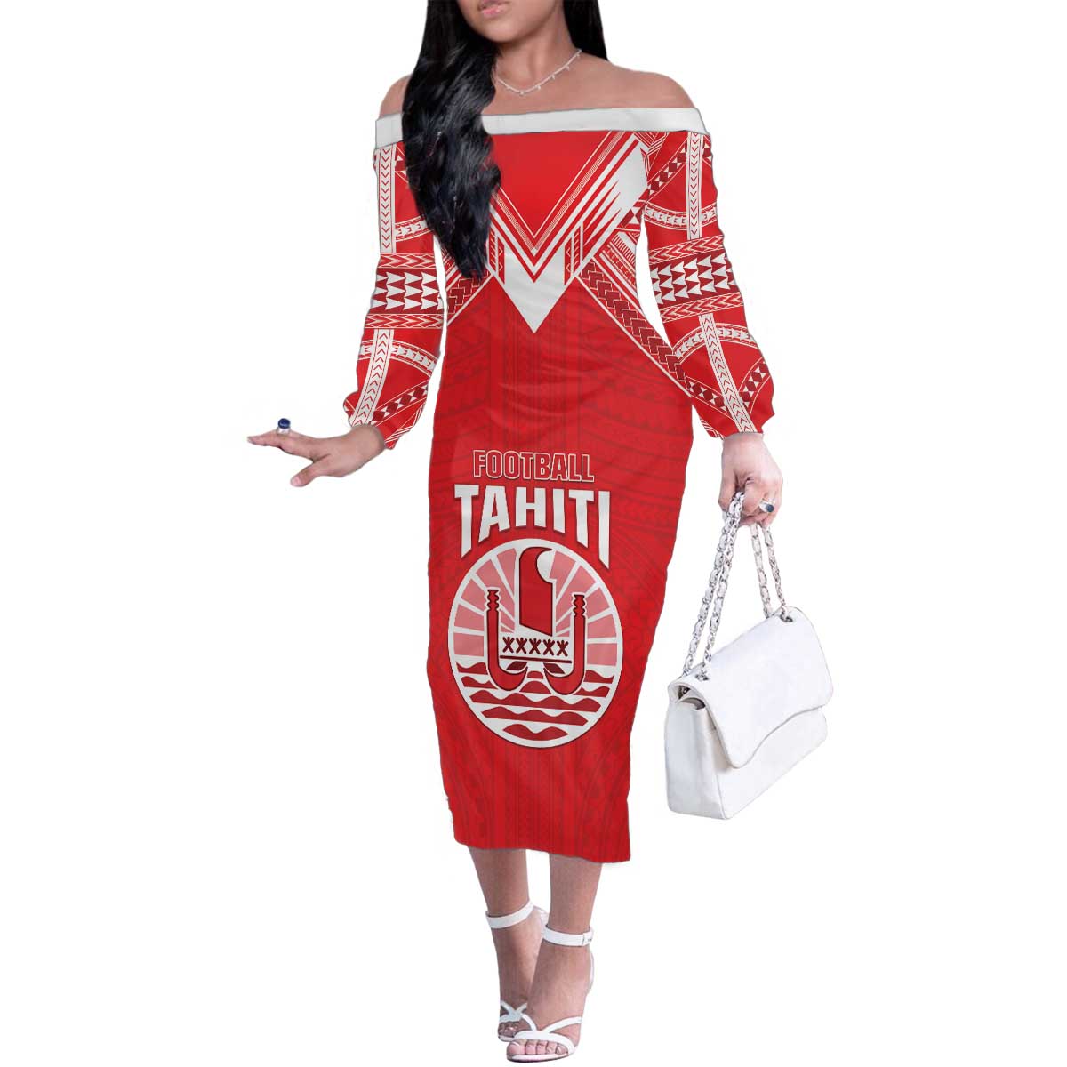 Custom Tahiti Football Family Matching Off The Shoulder Long Sleeve Dress and Hawaiian Shirt Coat Of Arms Polynesian Tribal Pattern