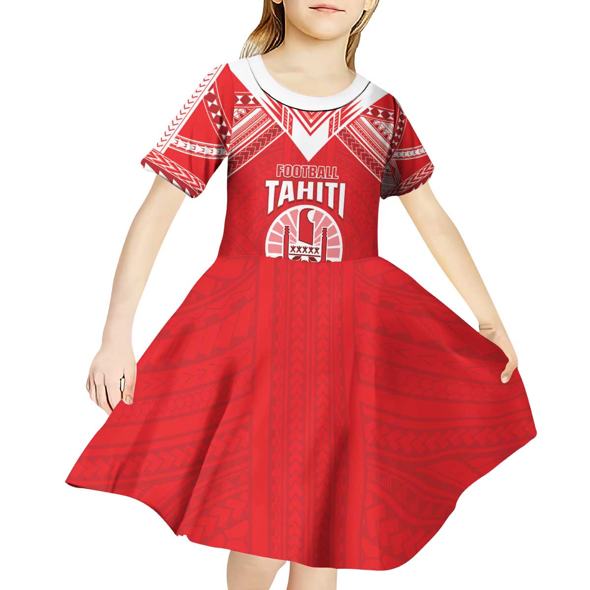 Custom Tahiti Football Kid Short Sleeve Dress Coat Of Arms Polynesian Tribal Pattern