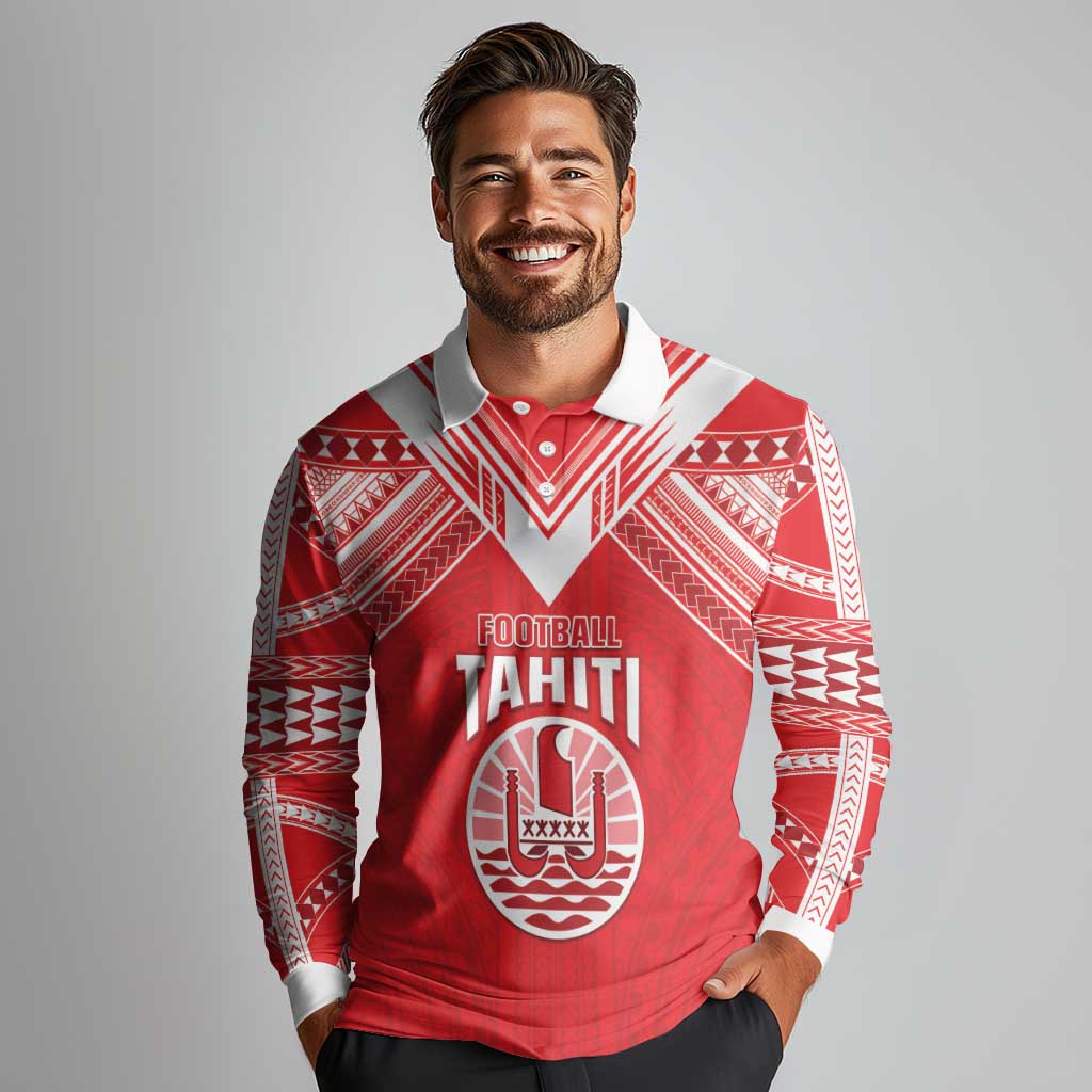 Custom Tahiti Football Long Sleeve Polo Shirt Coat Of Arms Polynesian Tribal Pattern