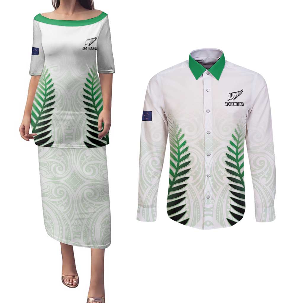 Custom New Zealand Fern Football Couples Matching Puletasi and Long Sleeve Button Shirt Simple Style LT05 White - Polynesian Pride