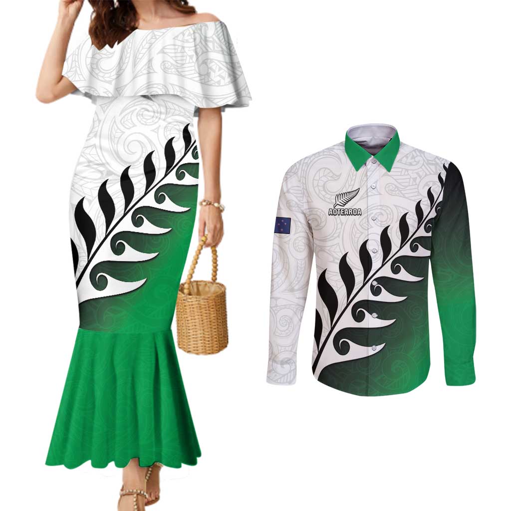 Custom New Zealand Football Couples Matching Mermaid Dress and Long Sleeve Button Shirt Go Aotearoa LT05 Green - Polynesian Pride