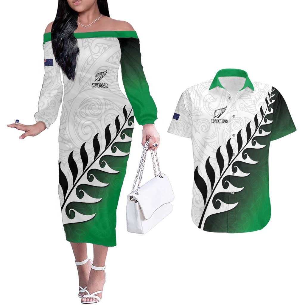 Custom New Zealand Football Couples Matching Off The Shoulder Long Sleeve Dress and Hawaiian Shirt Go Aotearoa