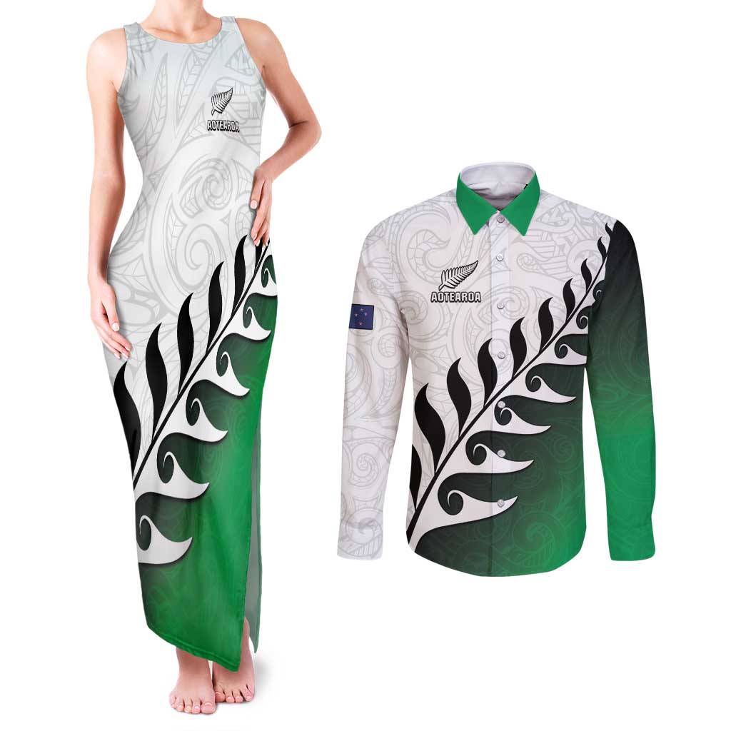 Custom New Zealand Football Couples Matching Tank Maxi Dress and Long Sleeve Button Shirt Go Aotearoa LT05 Green - Polynesian Pride