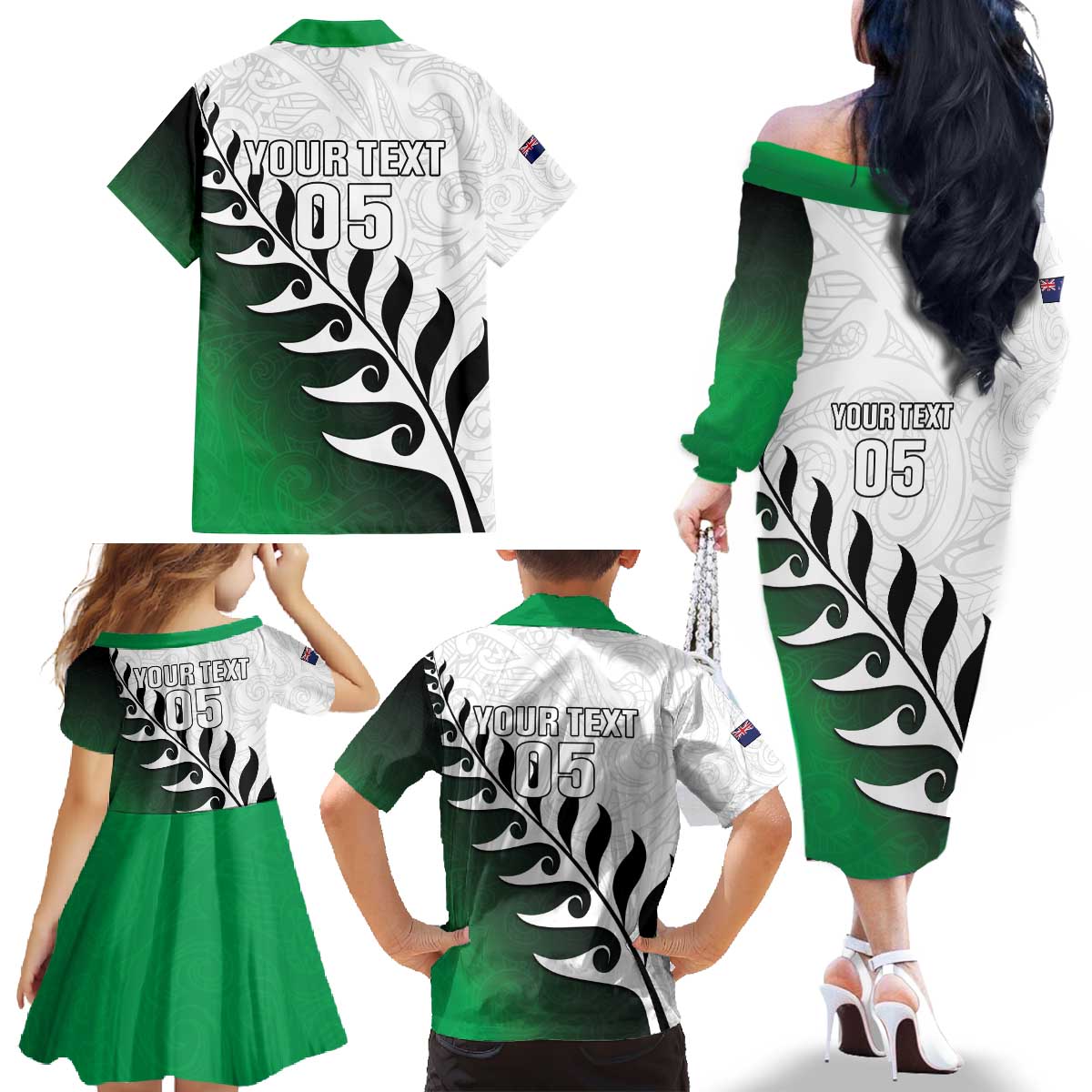 Custom New Zealand Football Family Matching Off The Shoulder Long Sleeve Dress and Hawaiian Shirt Go Aotearoa