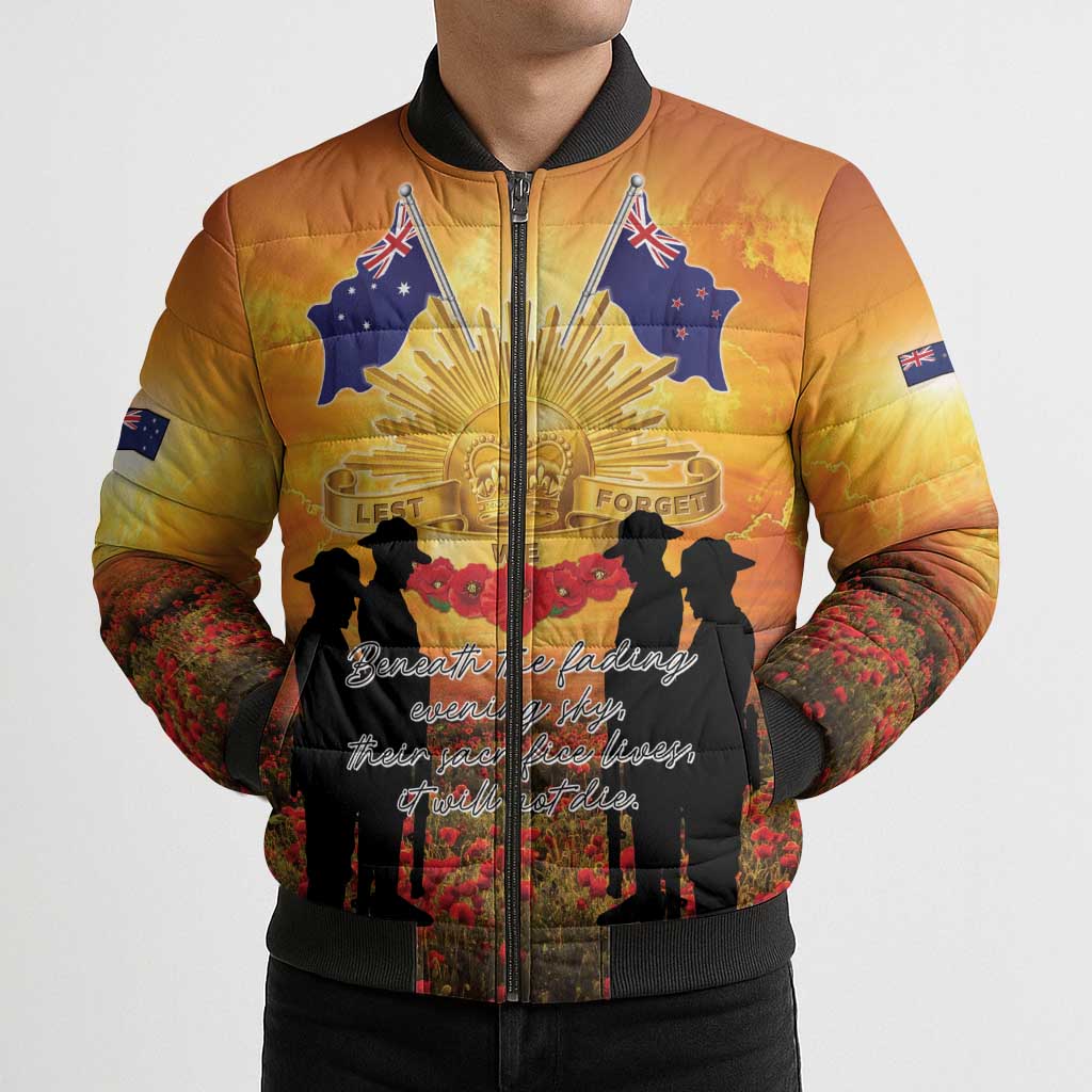 ANZAC Day Bomber Puffer Jacket Remembrance Tribute Soldiers And Poppy Field