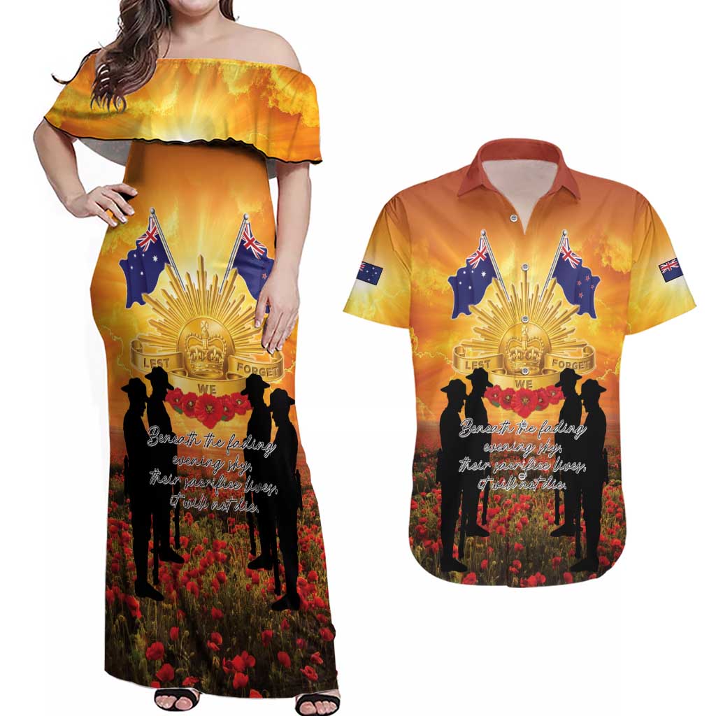 ANZAC Day Couples Matching Off Shoulder Maxi Dress and Hawaiian Shirt Remembrance Tribute Soldiers And Poppy Field LT05 Orange - Polynesian Pride