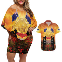 ANZAC Day Couples Matching Off Shoulder Short Dress and Hawaiian Shirt Remembrance Tribute Soldiers And Poppy Field LT05 Orange - Polynesian Pride
