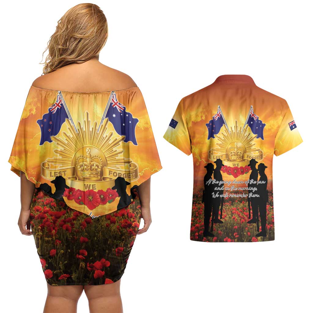 ANZAC Day Couples Matching Off Shoulder Short Dress and Hawaiian Shirt Remembrance Tribute Soldiers And Poppy Field LT05 - Polynesian Pride