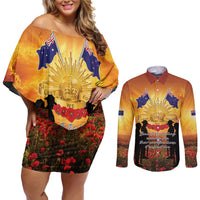 ANZAC Day Couples Matching Off Shoulder Short Dress and Long Sleeve Button Shirt Remembrance Tribute Soldiers And Poppy Field LT05 Orange - Polynesian Pride