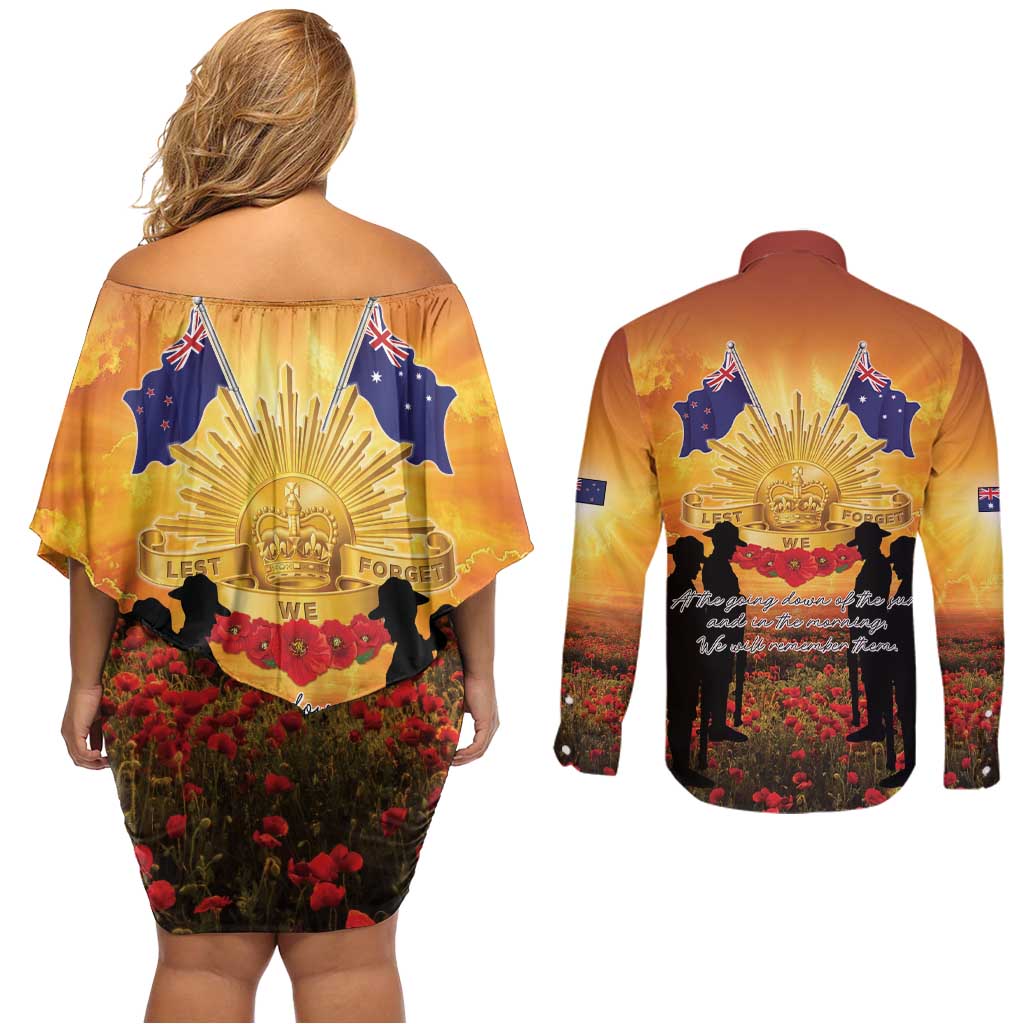 ANZAC Day Couples Matching Off Shoulder Short Dress and Long Sleeve Button Shirt Remembrance Tribute Soldiers And Poppy Field LT05 - Polynesian Pride
