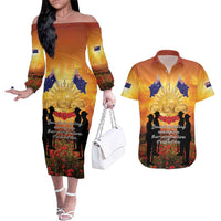 ANZAC Day Couples Matching Off The Shoulder Long Sleeve Dress and Hawaiian Shirt Remembrance Tribute Soldiers And Poppy Field LT05 Orange - Polynesian Pride