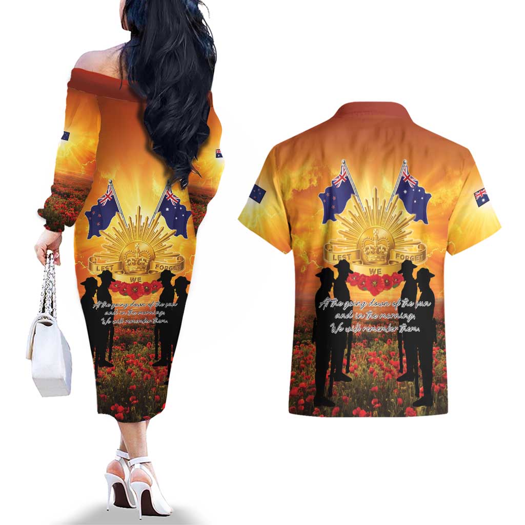ANZAC Day Couples Matching Off The Shoulder Long Sleeve Dress and Hawaiian Shirt Remembrance Tribute Soldiers And Poppy Field LT05 - Polynesian Pride
