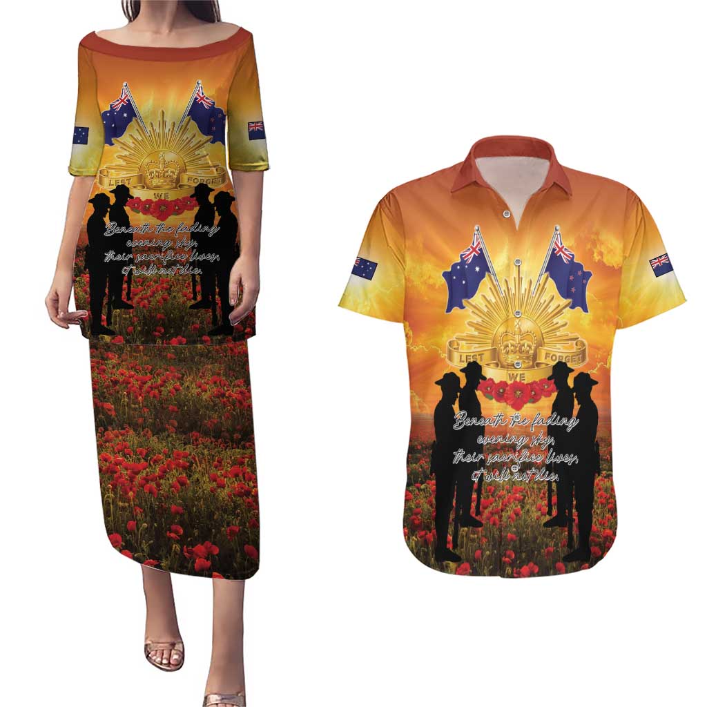 ANZAC Day Couples Matching Puletasi and Hawaiian Shirt Remembrance Tribute Soldiers And Poppy Field