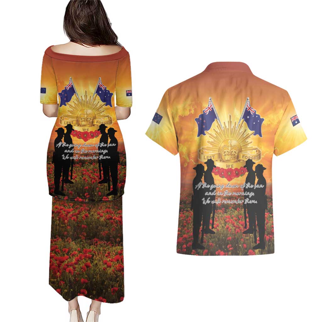 ANZAC Day Couples Matching Puletasi and Hawaiian Shirt Remembrance Tribute Soldiers And Poppy Field
