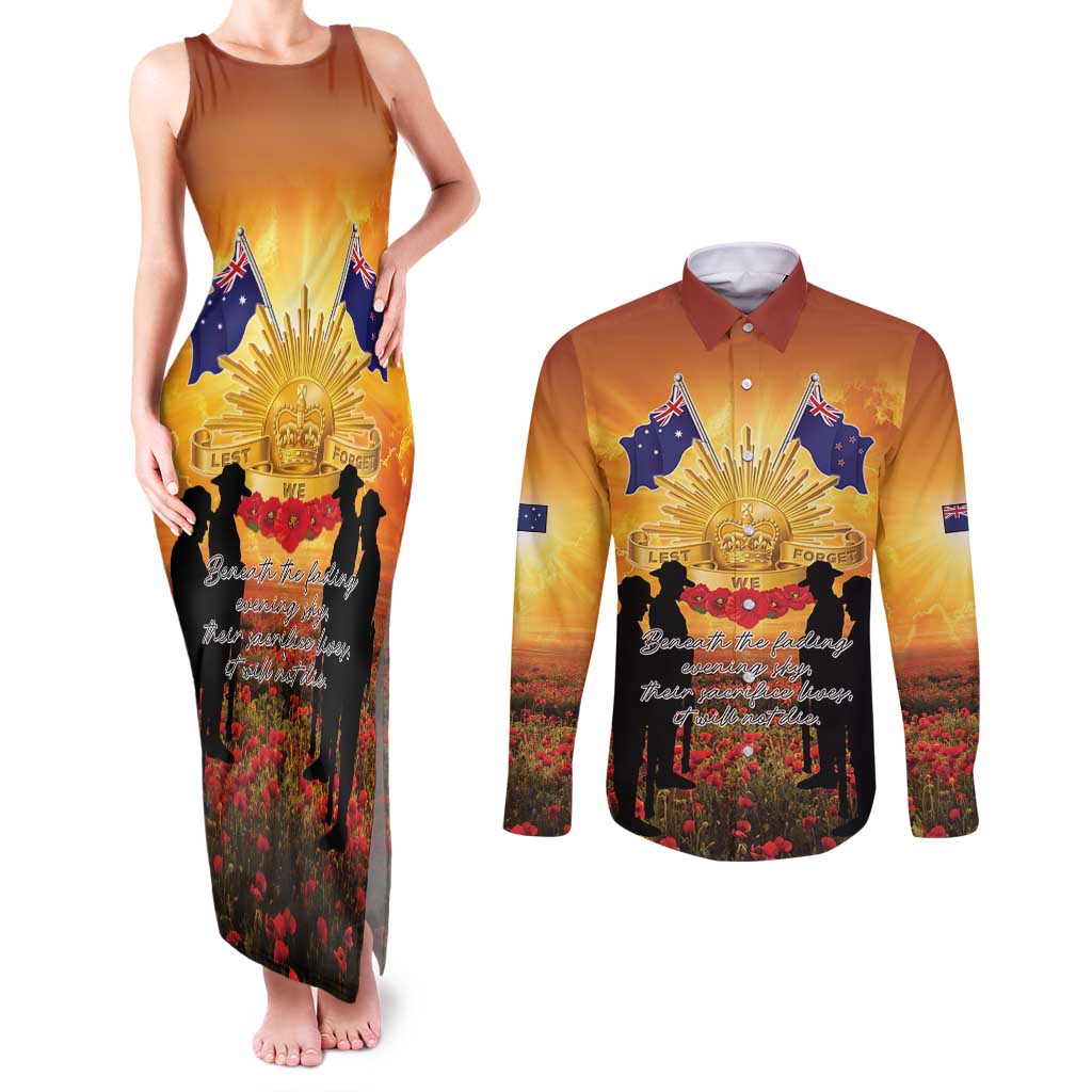ANZAC Day Couples Matching Tank Maxi Dress and Long Sleeve Button Shirt Remembrance Tribute Soldiers And Poppy Field LT05 Orange - Polynesian Pride