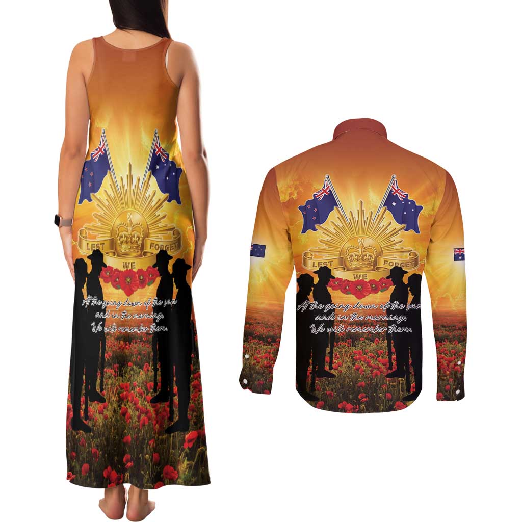 ANZAC Day Couples Matching Tank Maxi Dress and Long Sleeve Button Shirt Remembrance Tribute Soldiers And Poppy Field LT05 - Polynesian Pride