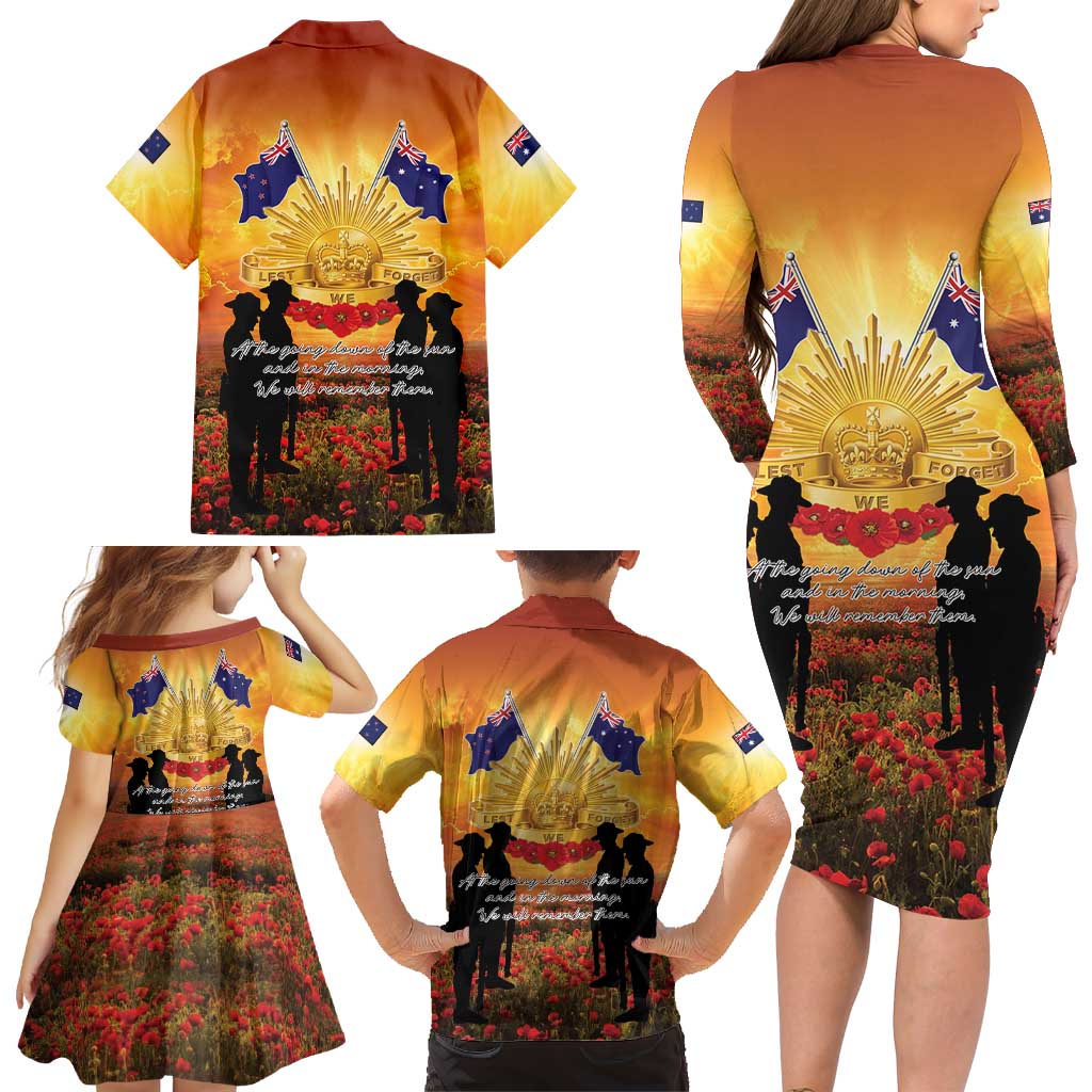 ANZAC Day Family Matching Long Sleeve Bodycon Dress and Hawaiian Shirt Remembrance Tribute Soldiers And Poppy Field LT05 - Polynesian Pride