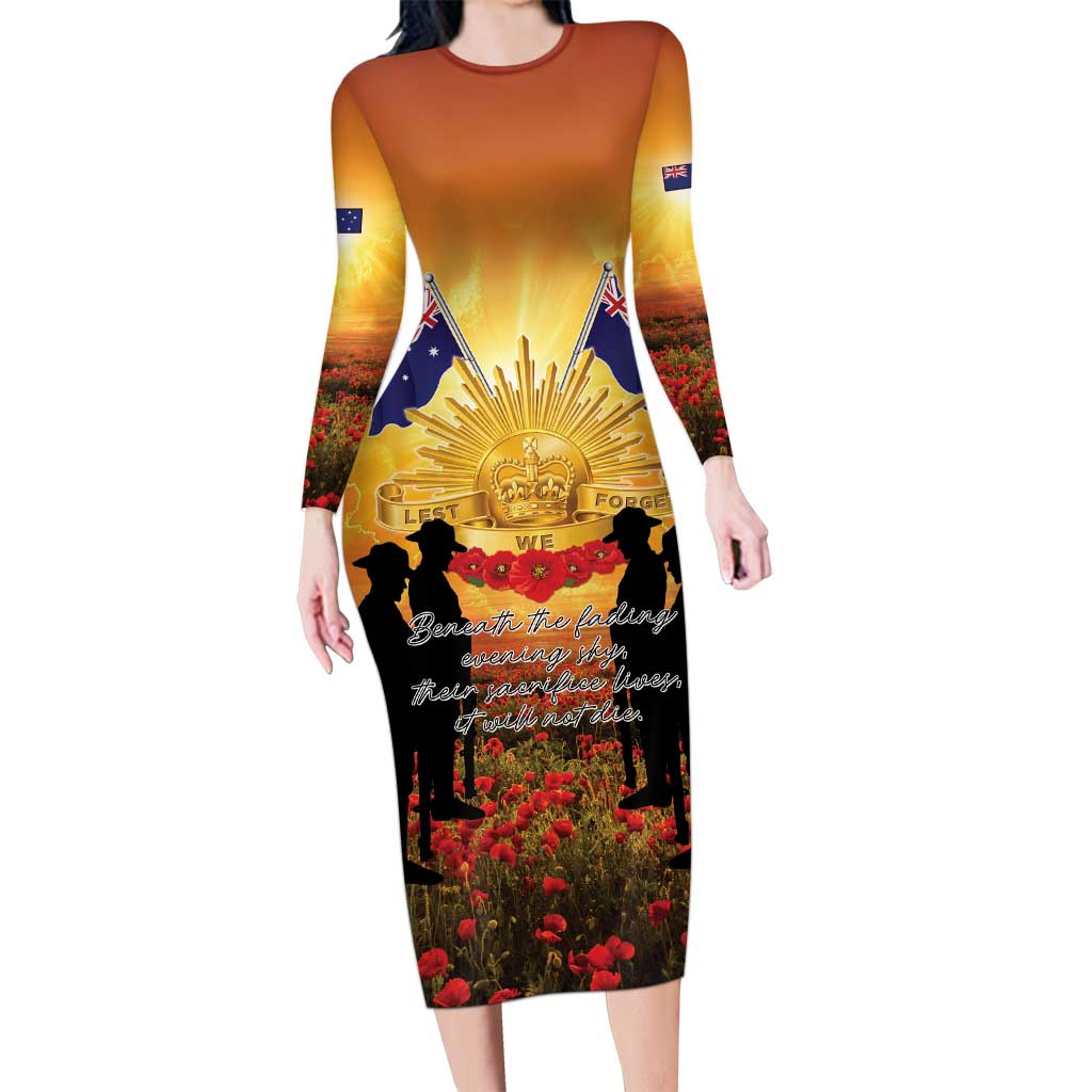 ANZAC Day Family Matching Long Sleeve Bodycon Dress and Hawaiian Shirt Remembrance Tribute Soldiers And Poppy Field LT05 Mom's Dress Orange - Polynesian Pride