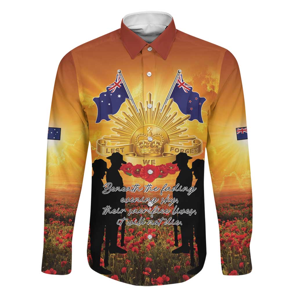 ANZAC Day Family Matching Off The Shoulder Long Sleeve Dress and Hawaiian Shirt Remembrance Tribute Soldiers And Poppy Field LT05 Dad's Shirt - Long Sleeve Orange - Polynesian Pride