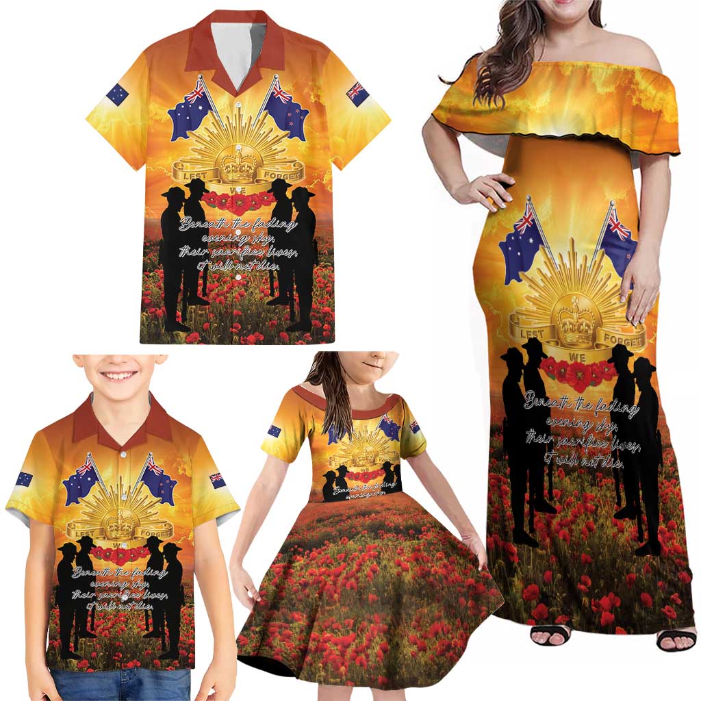ANZAC Day Family Matching Off Shoulder Maxi Dress and Hawaiian Shirt Remembrance Tribute Soldiers And Poppy Field LT05 - Polynesian Pride