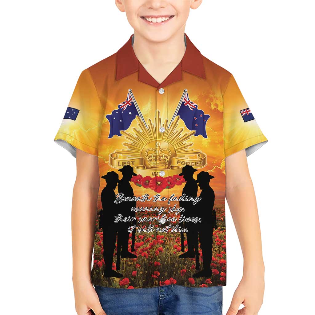 ANZAC Day Kid Hawaiian Shirt Remembrance Tribute Soldiers And Poppy Field