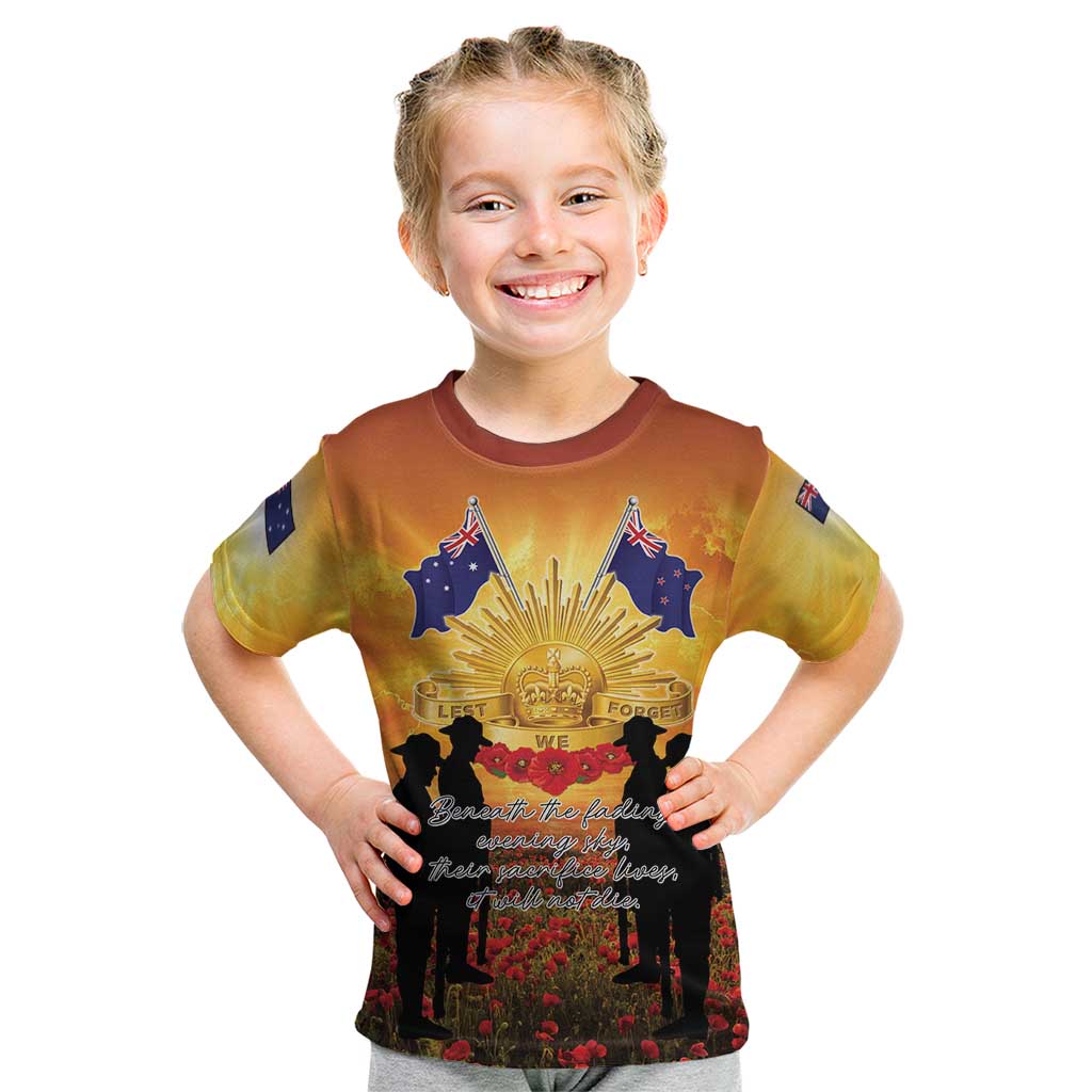 ANZAC Day Kid T Shirt Remembrance Tribute Soldiers And Poppy Field