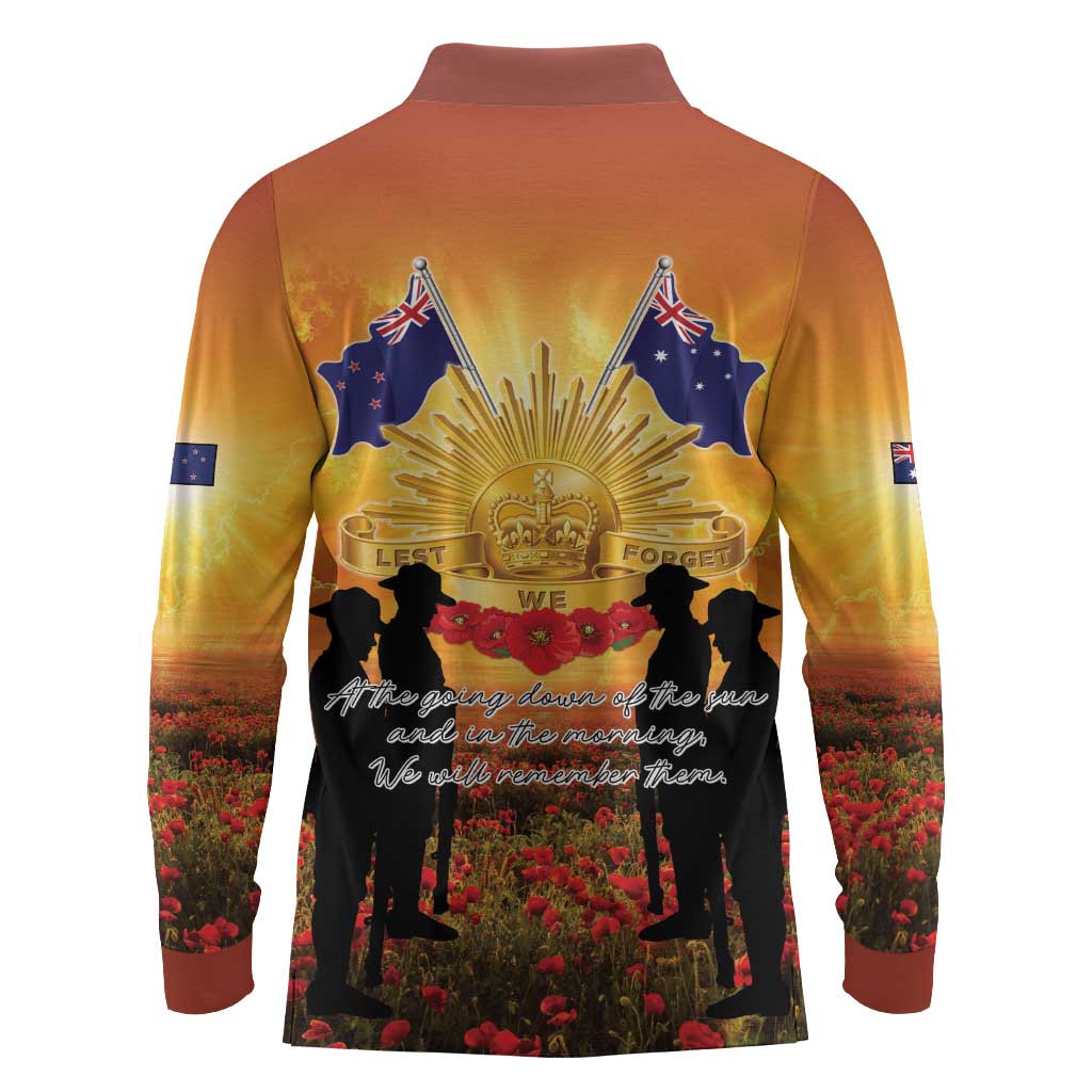 ANZAC Day Long Sleeve Polo Shirt Remembrance Tribute Soldiers And Poppy Field