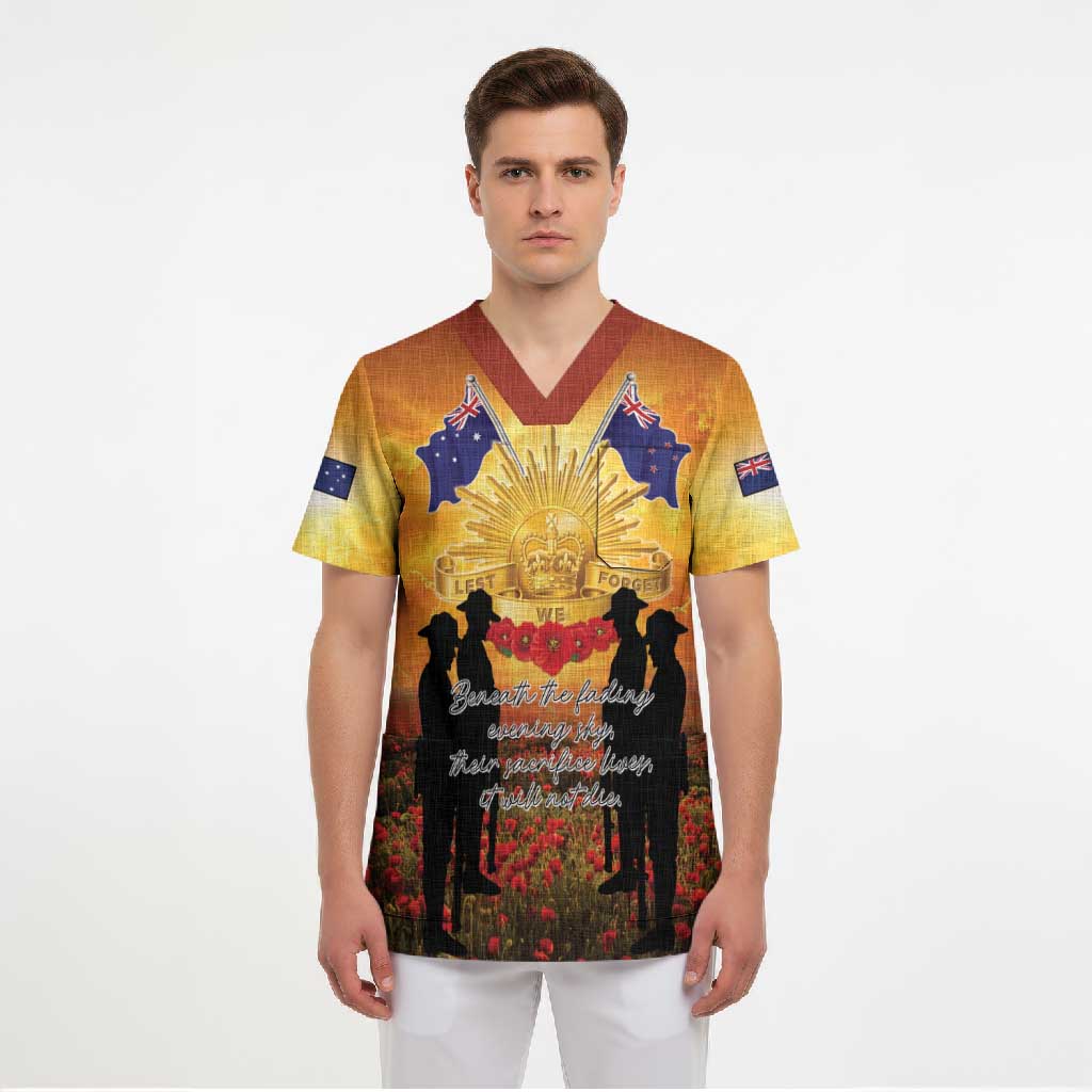 ANZAC Day Scrub Top Remembrance Tribute Soldiers And Poppy Field