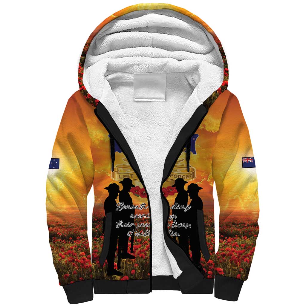 ANZAC Day Sherpa Hoodie Remembrance Tribute Soldiers And Poppy Field LT05 Unisex Orange - Polynesian Pride