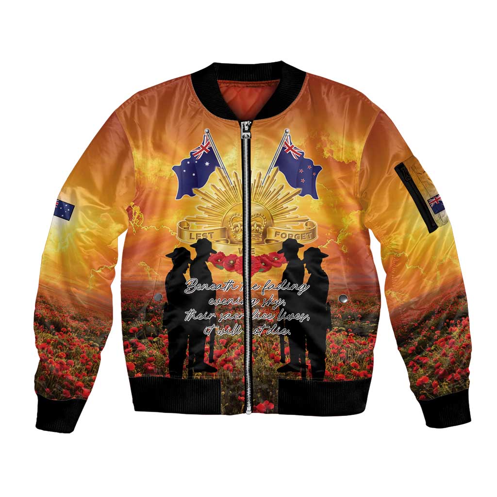 ANZAC Day Sleeve Zip Bomber Jacket Remembrance Tribute Soldiers And Poppy Field