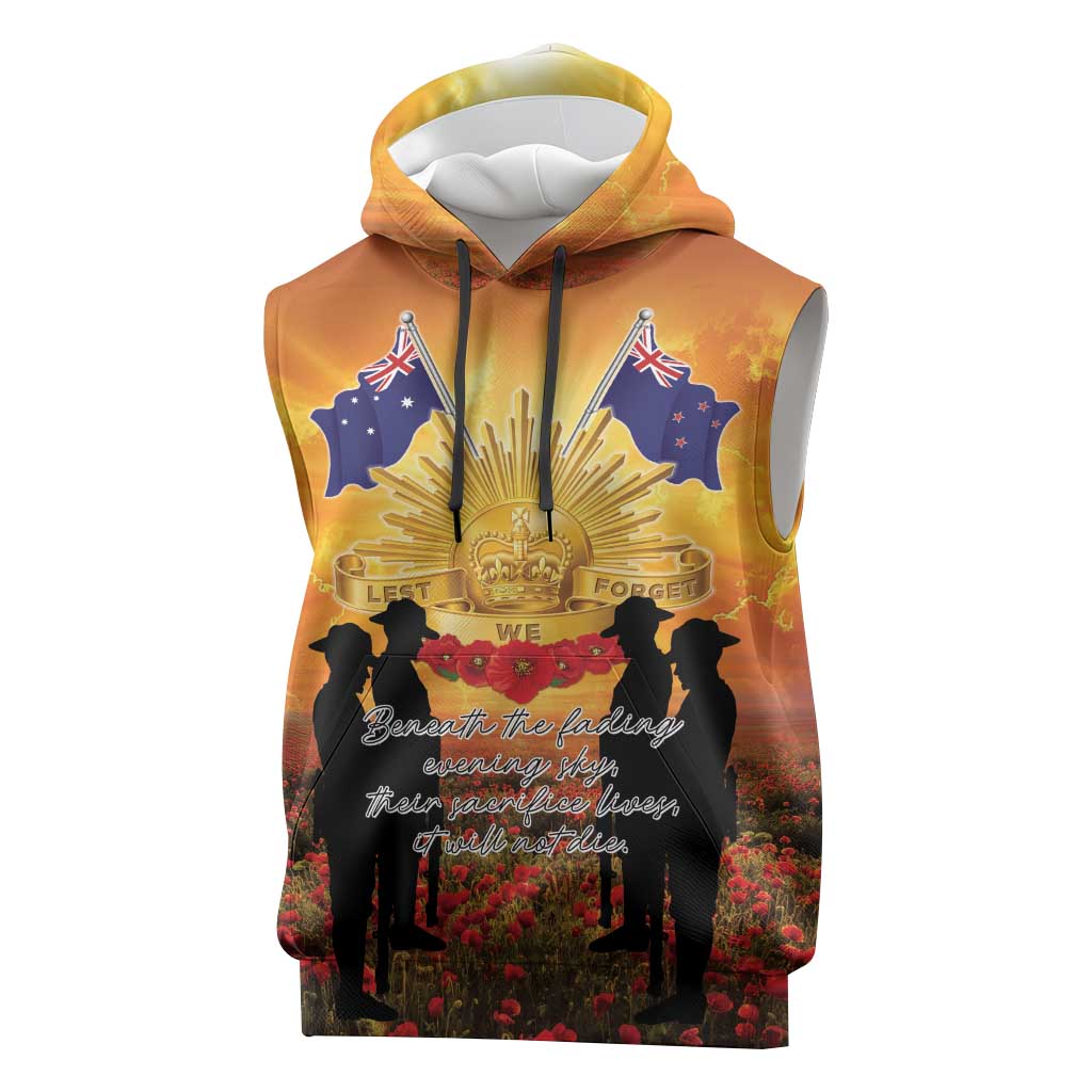 ANZAC Day Sleeveless Hoodie Remembrance Tribute Soldiers And Poppy Field LT05 Orange - Polynesian Pride