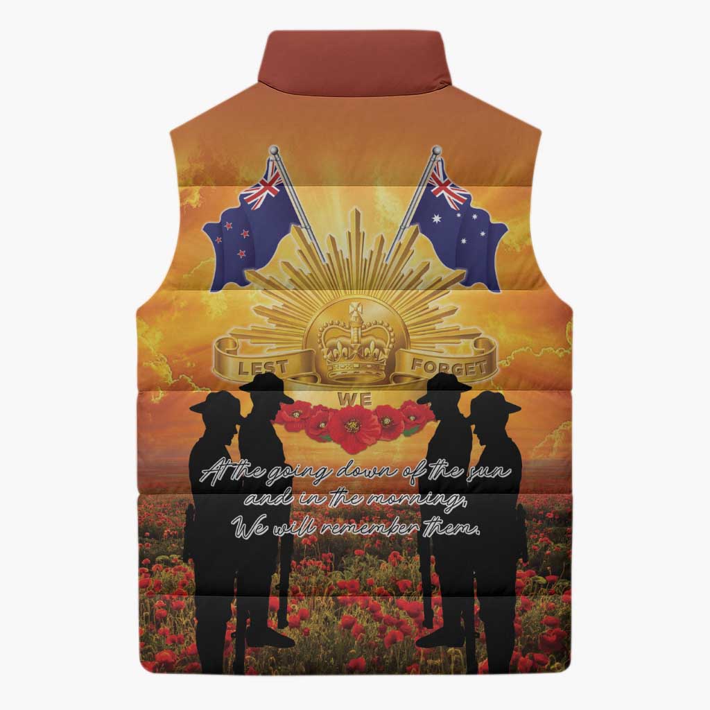 ANZAC Day Sleeveless Puffer Jacket Remembrance Tribute Soldiers And Poppy Field