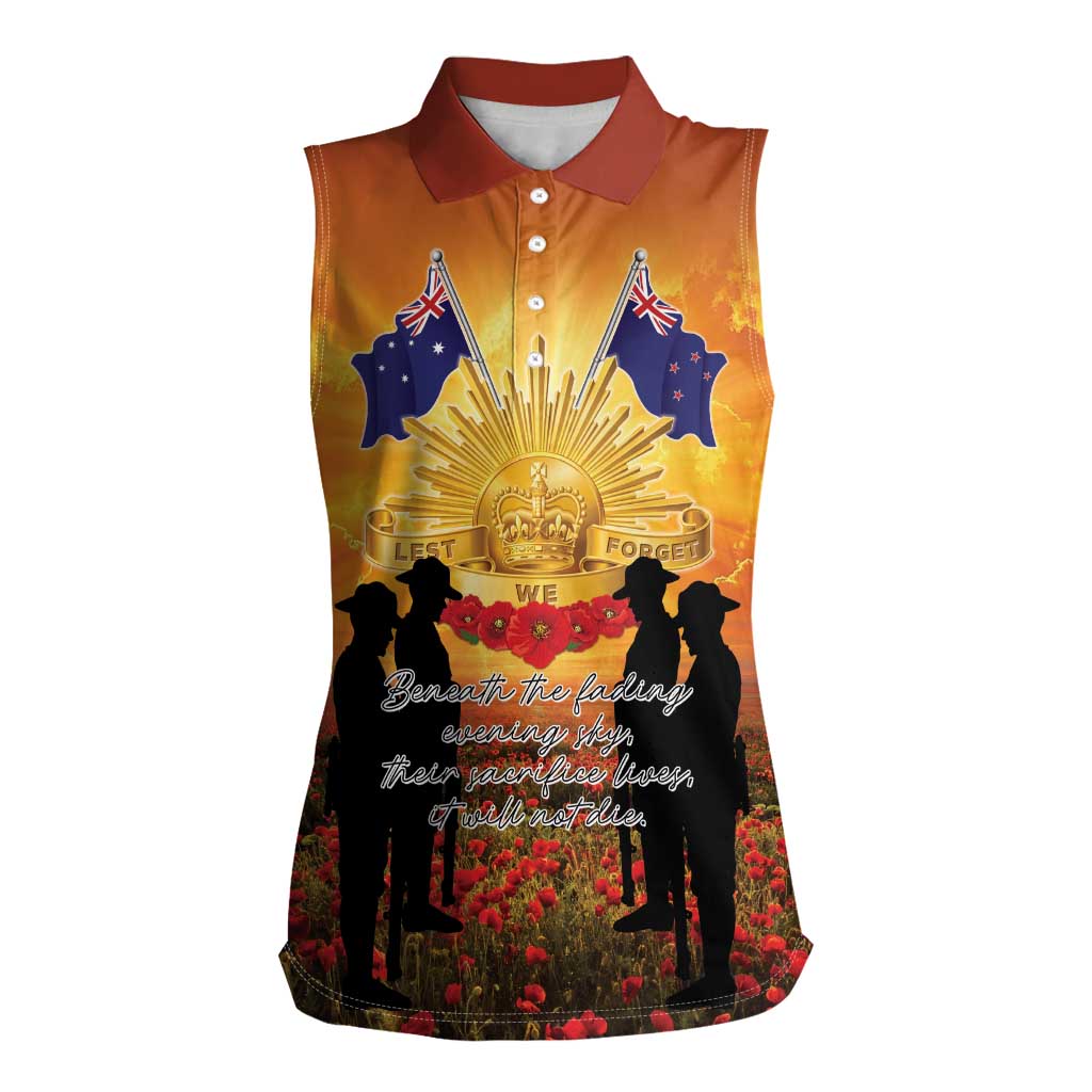 ANZAC Day Women Sleeveless Polo Shirt Remembrance Tribute Soldiers And Poppy Field LT05 Female Orange - Polynesian Pride