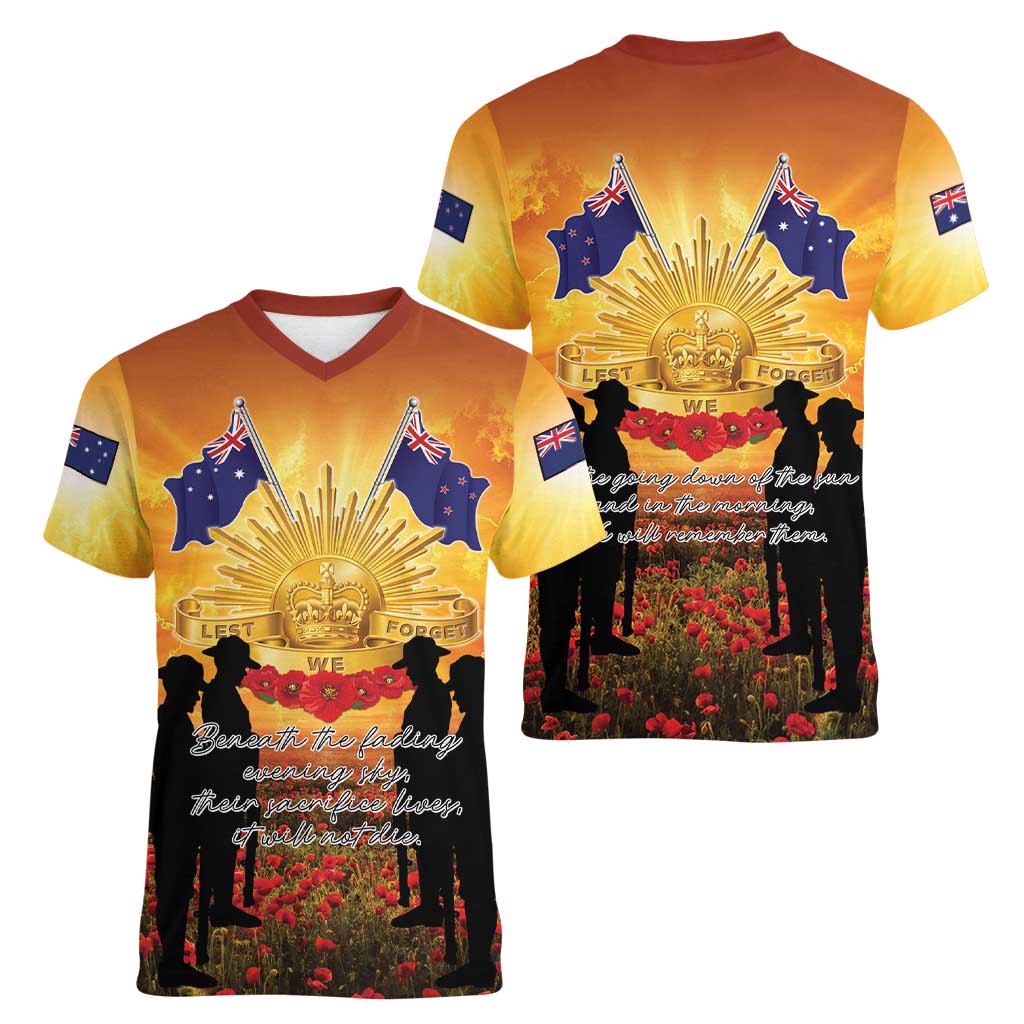 ANZAC Day Women V-Neck T-Shirt Remembrance Tribute Soldiers And Poppy Field LT05 - Polynesian Pride