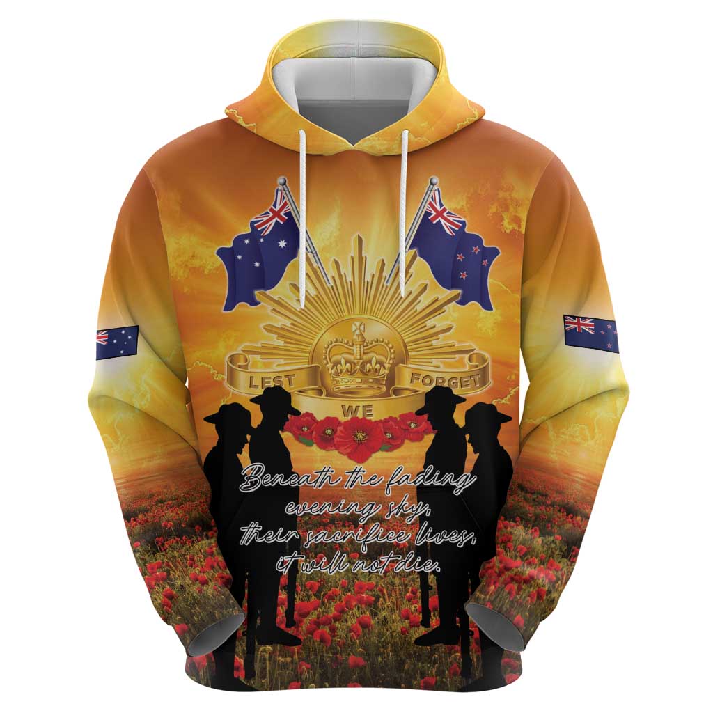 ANZAC Day Zip Hoodie Remembrance Tribute Soldiers And Poppy Field