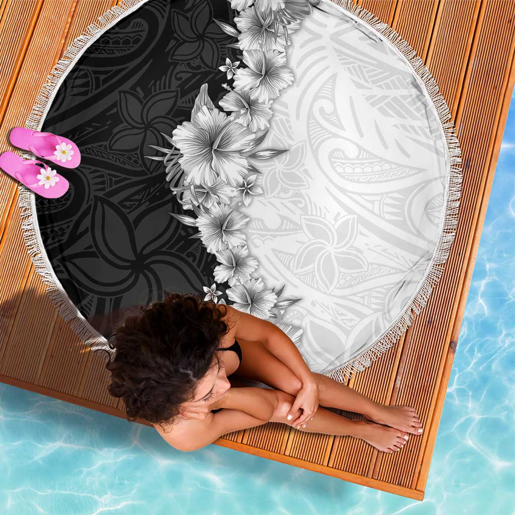 Hawaii Hibiscus Flowers Beach Blanket Grayscale Polynesian Pattern