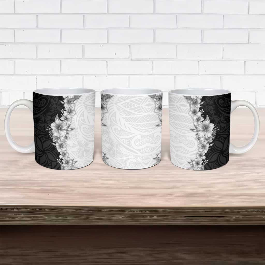 Hawaii Hibiscus Flowers Ceramic Mug Grayscale Polynesian Pattern