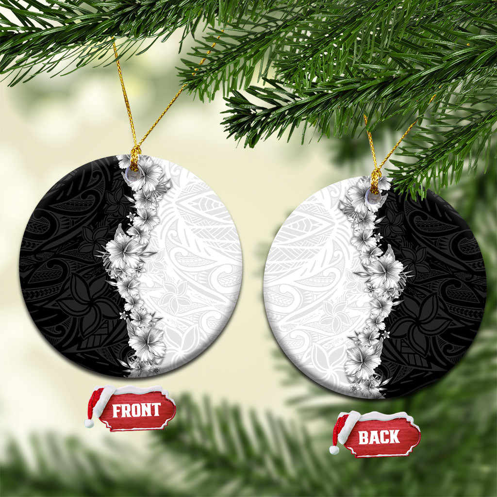 Hawaii Hibiscus Flowers Ceramic Ornament Grayscale Polynesian Pattern LT05 Circle Black - Polynesian Pride