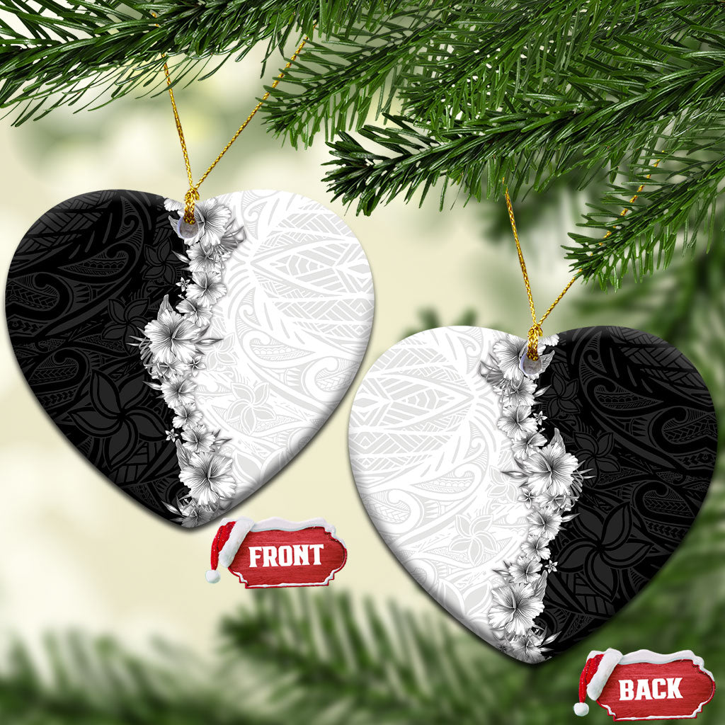 Hawaii Hibiscus Flowers Ceramic Ornament Grayscale Polynesian Pattern LT05 Heart Black - Polynesian Pride