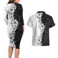 Hawaii Hibiscus Flowers Couples Matching Long Sleeve Bodycon Dress and Hawaiian Shirt Grayscale Polynesian Pattern