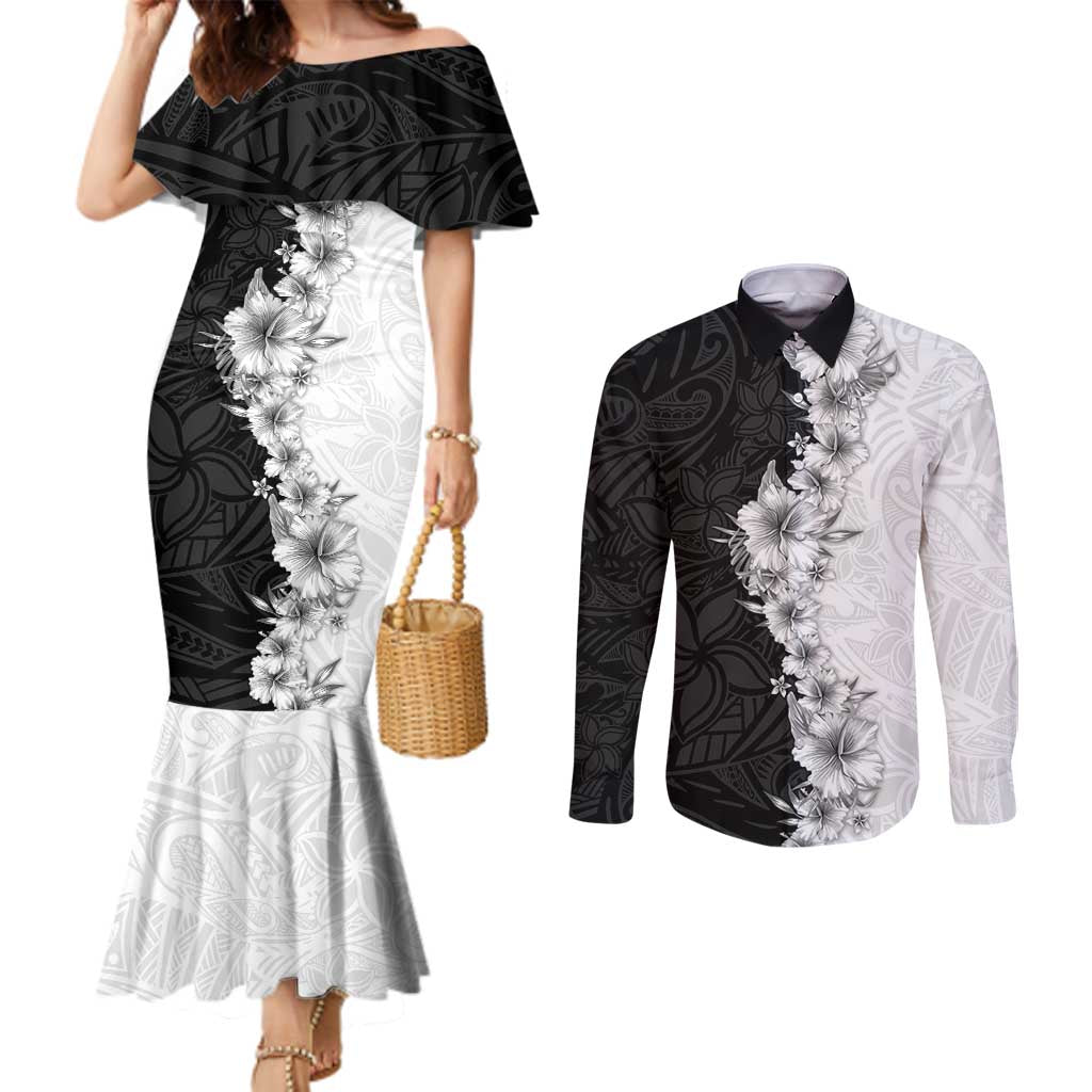 Hawaii Hibiscus Flowers Couples Matching Mermaid Dress and Long Sleeve Button Shirt Grayscale Polynesian Pattern