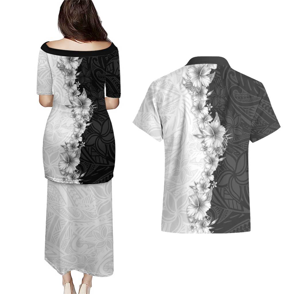 Hawaii Hibiscus Flowers Couples Matching Puletasi and Hawaiian Shirt Grayscale Polynesian Pattern