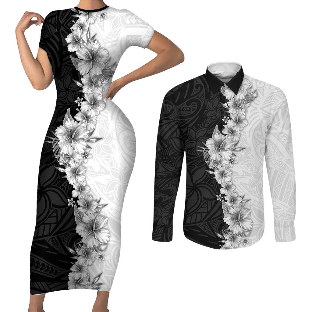 Hawaii Hibiscus Flowers Couples Matching Short Sleeve Bodycon Dress and Long Sleeve Button Shirt Grayscale Polynesian Pattern