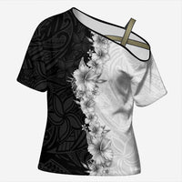 Hawaii Hibiscus Flowers Cross Shoulder Shirt Grayscale Polynesian Pattern